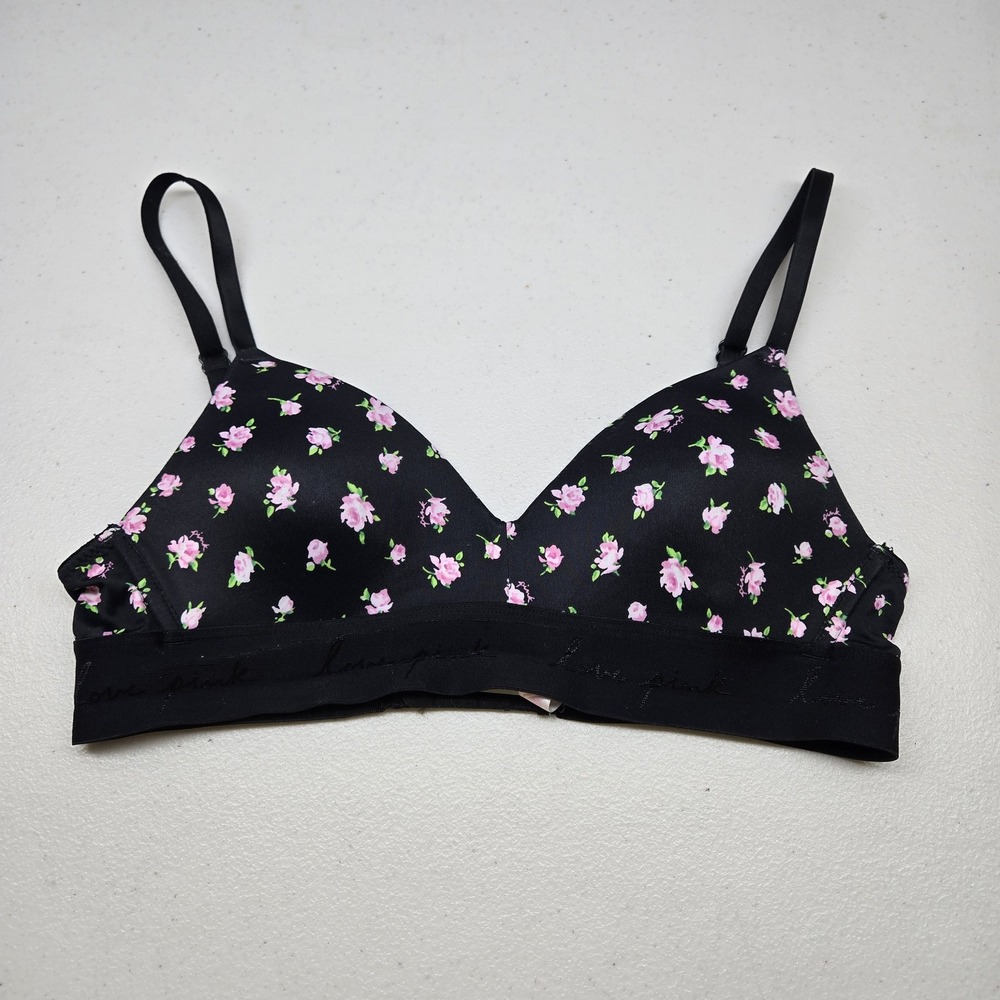 PINK Women Bra 32A Black Floral Roses Wear Everywhere Wireless Convertible‎